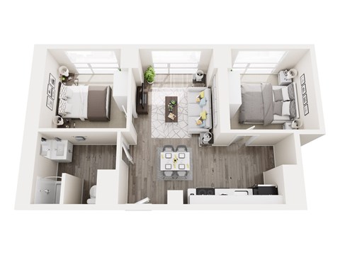 A floor plan of a house with a kitchen, living room, and two bedrooms.